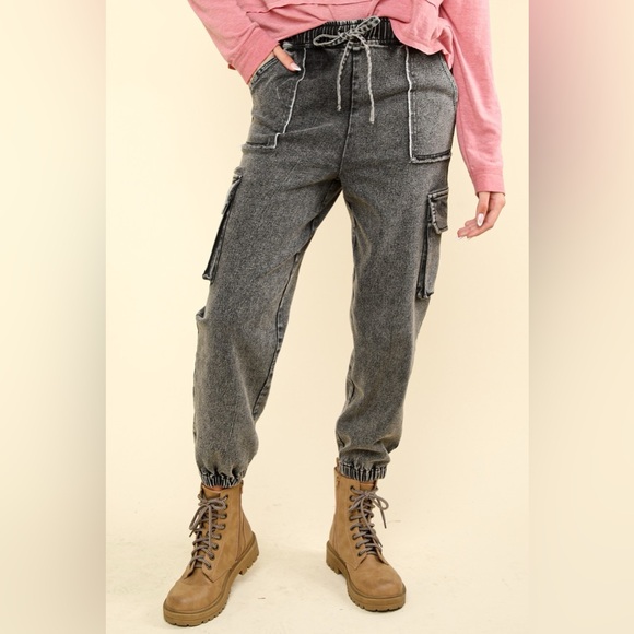 VERY J Washed Drawstring Jogger Cargo Jeans - Picture 1 of 4